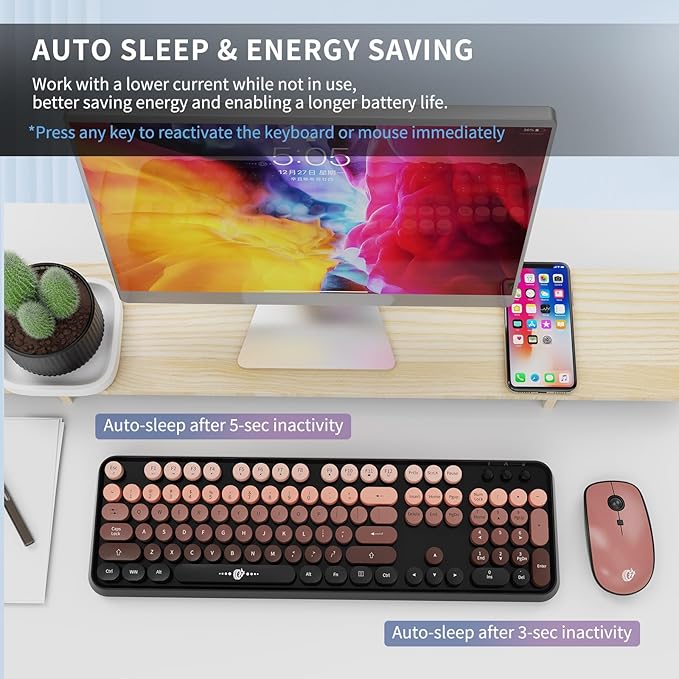 FOPETT Wireless Keyboard and Mouse Combo - 2.4G Full-Sized Cute Colorful Mouse and Keyboard with 104 Round Keys Retro Typewriter Keyboard for Laptop/Windows/PC - Pink Gradient