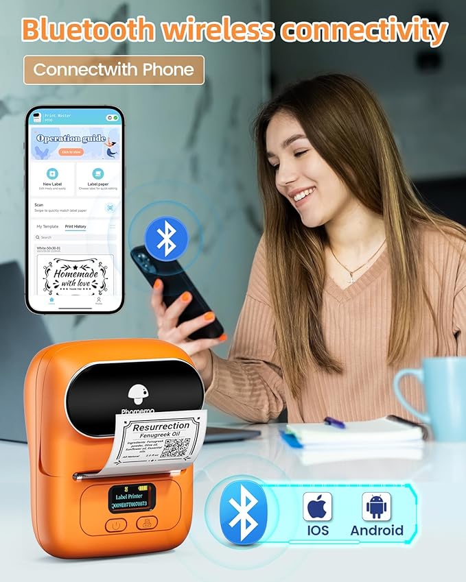 Phomemo Barcode Printer - M110 Label Maker Machine Wireless Bluetooth Themal Label Printer for Small Business, School, Barcode, Address, Jewelry, Clothing, Organizing, Orange