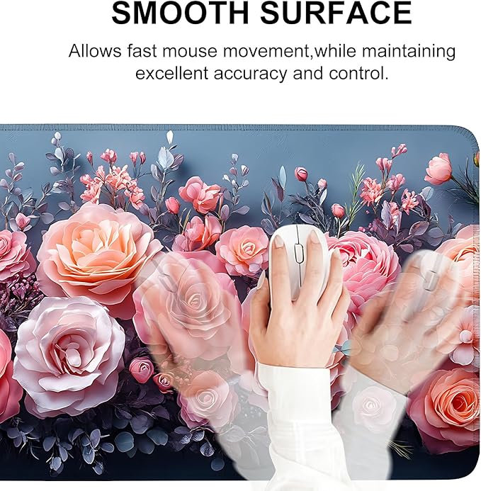 Mouse Pad, Large Anti-Slip with Stitched Edges Desk Mat Desktop Laptop Computer Desk Keyboard Mat,Table Protector Blotter Mat (Pink Flower, 35.4" x 15.7")