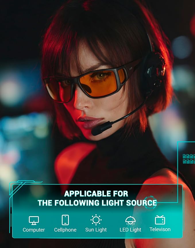 TIJN Sonia Red Sleep Glasses Orange Lens for Blue & Green Light Blocking,Dual AR Coating,Wraparound Frame for Gaming Screen