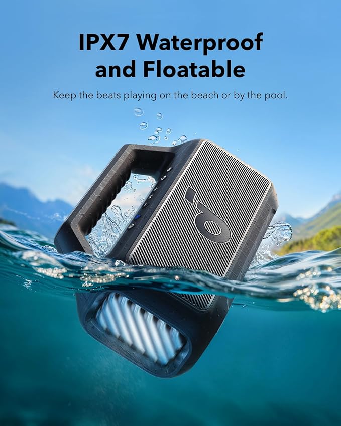 Soundcore Boom 2 By Anker, Outdoor Speaker, 80W, Subwoofer, BassUp 2.0, 24H Playtime, IPX7 Waterproof, Floatable, RGB Lights, USB-C, Custom EQ, Bluetooth 5.3, Portable for Camping and Beach - Black