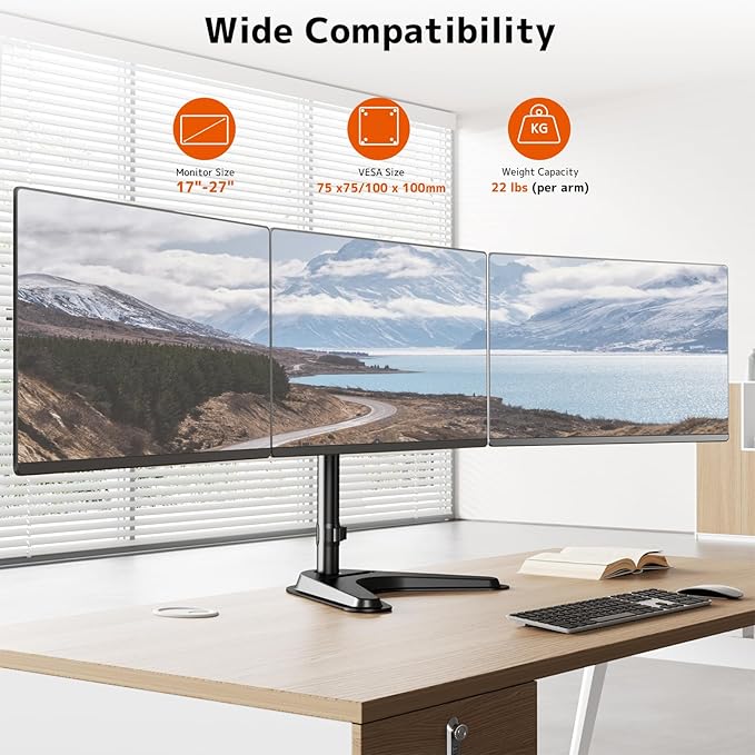 Triple Monitor Stand, Heavy Fully Adjustable Motion Mount Fits 3 Screens up to 27 inch, Free Standing Desk Stand with Base and Cable Management, 22 lbs Weight Capacity per Arm, Black