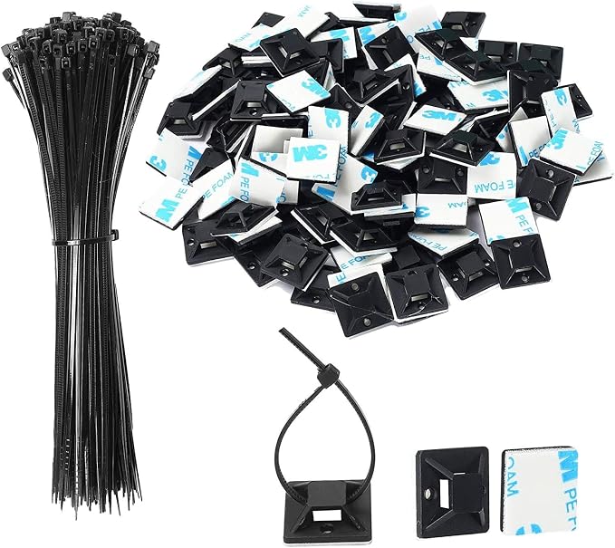 Zip Tie Mounts - SeuYeugX 100PCS Cable Self Adhesive Mounts Set for Wire Management with Stick Pads Anchors Clips Squares Holders (Black) by SeuYeugX