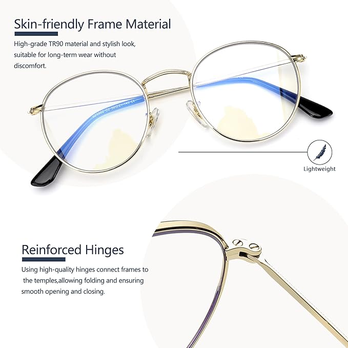 Round Blue Light Blocking Glasses for Men Women, Circle Metal Wire Rimmed Frame Glasses Anti Glare & UV RF5002