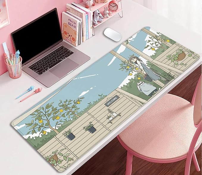 Cute Anime Mouse Pad,Japanese Street Mousepad Kawaii Gaming Large Desk Mats Extended Mouse Pad with Stitched Edges Aesthetics Scenery Village City Large Keyboard Mat for Office Home Work(27.5X11.8 in)