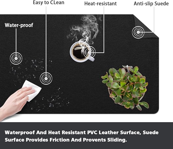 Non-Slip Desk Pad Waterproof PVC Leather Desk Table Protector on Top of Desks Large Mouse Pad Easy Clean Computer Keyboard Laptop Desk Writing Mat for Office Home Decor (Black, 17" x 36")