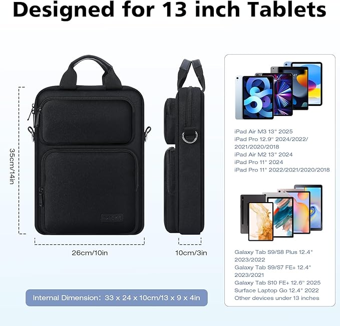 MoKo 10-13 inch Tablet Sleeve Bag for iPad Pro/Air M4 13inch, Pro 12.9/11 inch, 10.9" iPad 10th/Air 5/4th, Galaxy Tab S8+/S9+ 12.4, Carrying Case with Multi-Pockets & Removable Shoulder Strap, Black