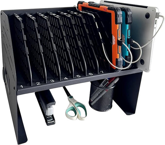 Laptop Charging Station for Classroom, Office, or Home, 10-Device Organizer with 6 AC Outlets & 4 Fast-Charging USB Ports, Fits Laptops, Tablets & E-Readers up to 1.3" Thick, 15.6"