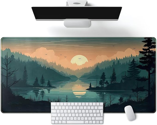Sunset Lake Desk Mat Scenic Forest Large Mouse Pad Extended Gaming Mousepad XXL Green Pine Color Mountain Nature Keyboard Pad Sunset Mountains Landscape Big Mouse Mat Desk Decor 31.5x15.7 in