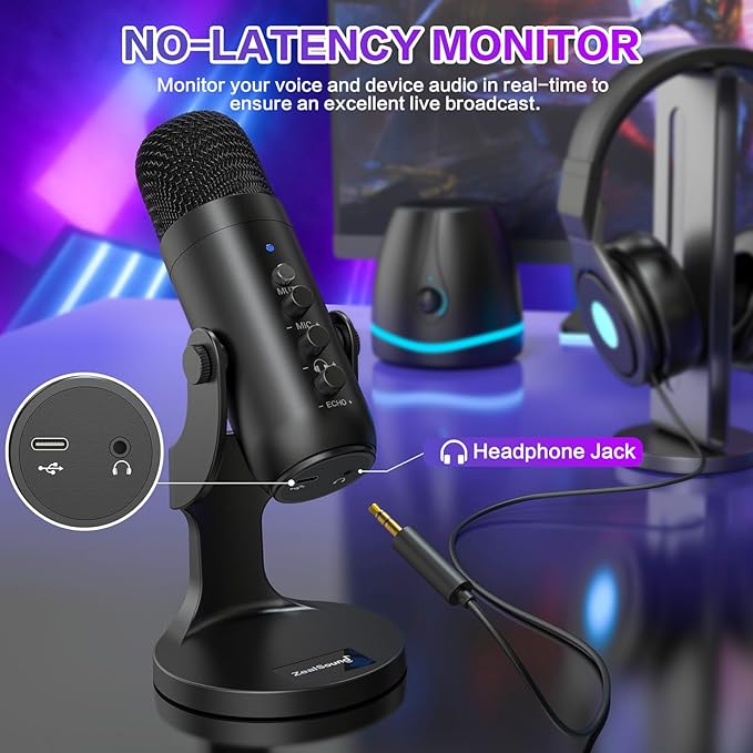 ZealSound Podcast Microphone for PC, Noise Cancellation USB Mic with Gain, Volume Adjustment & Mute Button, Monitoring & Echo, for YouTube, TikTok, Podcasting, Streaming, iPhone, iPad, Android, Mac