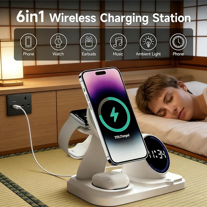 6 in 1 Wireless Charger i-Phone Charging Station: Stand for Multiple Devices for Apples - Compatible i-Phone 17 16 15 14 13 Pro Max Apples Watch Airpods, Design with Wireless Speaker & Clock (White)