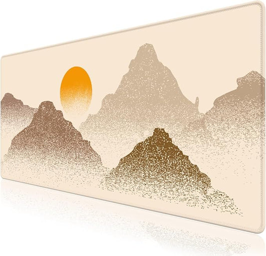 Beige Desk Matt for Desktop, Mouse Pad Mat, Desk Mat for Keyboard and Mouse, XXL Large Mouse Pad for Desk, Anti-Slip Big Mousepad with Stitched Edges, Mouse Mat for Computer Laptop Women, Mountain Sun