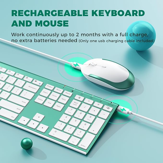 Rechargeable Wireless Keyboard Mouse, Vssoplor Quiet Full-Size Keyboard and Mouse Combo with USB for PC, Windows, Laptop-Blackish Green