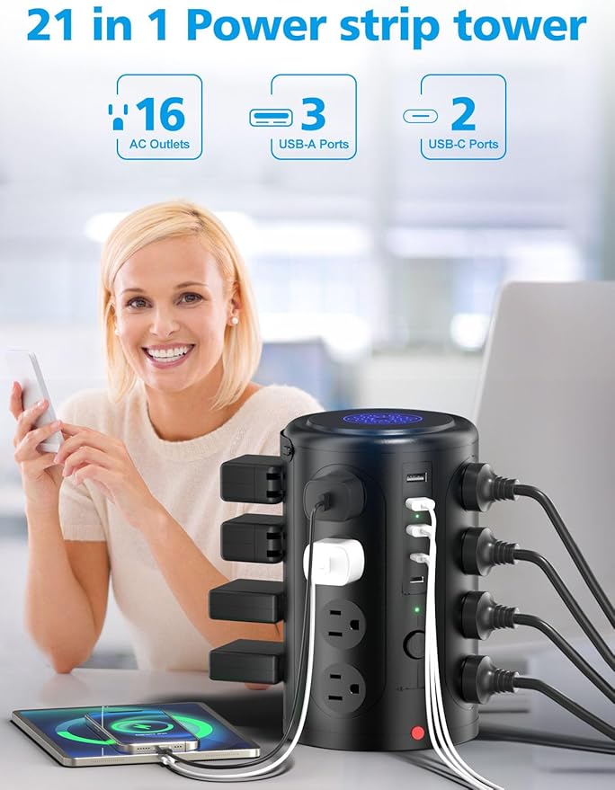 Tower Surge Protector Power Strip (16 AC Outlets + 5 USB Ports Including 2 Type-C), 5FT Extension Cord, 1800J Protector Charging Tower, Essential for Home/Office/Dorm