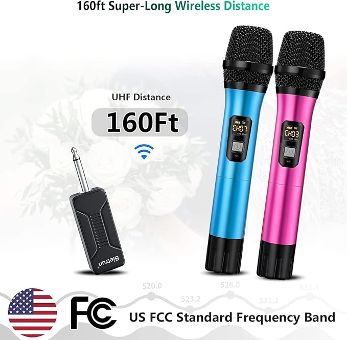 Wireless Microphone, Bietrun UHF Metal Dual Handheld Cordless Dynamic Mic System with Rechargeable Receiver, 1/4‘’Output, for Karaoke, Church, Speech, Wedding, Party Singing(160 ft Range)-Auto Connect