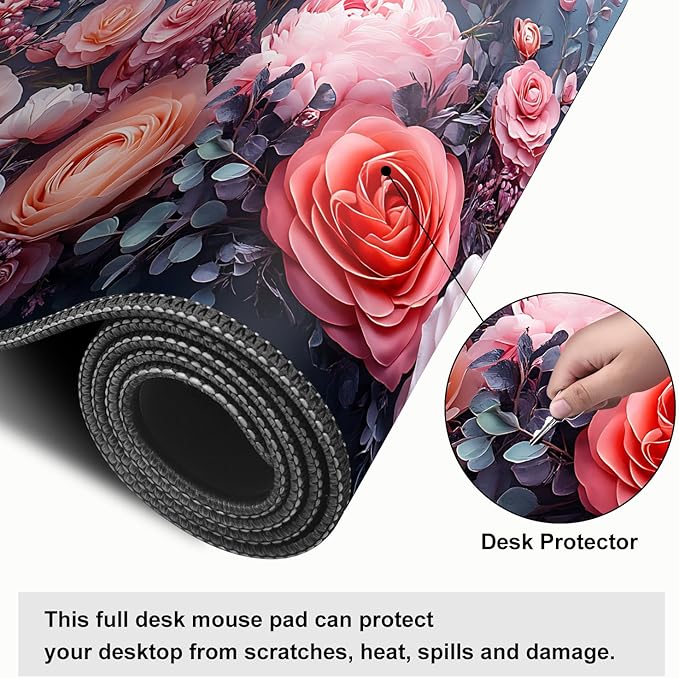 Mouse Pad, Large Anti-Slip with Stitched Edges Desk Mat Desktop Laptop Computer Desk Keyboard Mat,Table Protector Blotter Mat (Pink Flower, 31.5" x 11.8")