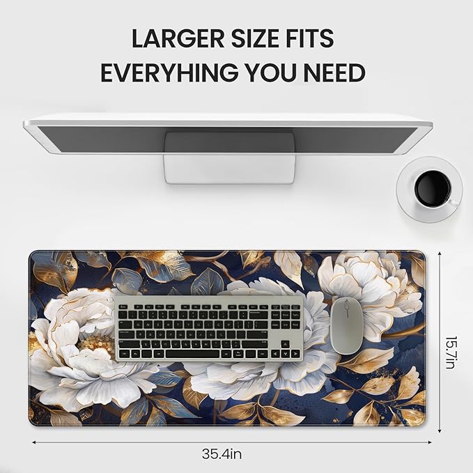 Extended Gaming Mouse Pad, Floral Peony Design, Navy Blue White and Gold, 35.4 x 15.7 Inches, Non-Slip Rubber Base, Stitched Edges