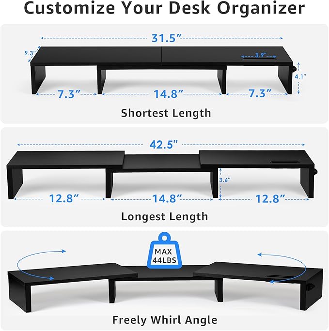 La Jaco Dual Monitor Stand Riser for 2 Monitors, Monitor Stand for Desk, Adjustable Length & Swivel Angle Wooden Desktop Organizer Stand Riser with Smartphone Holder for PC Monitor Laptop, Black