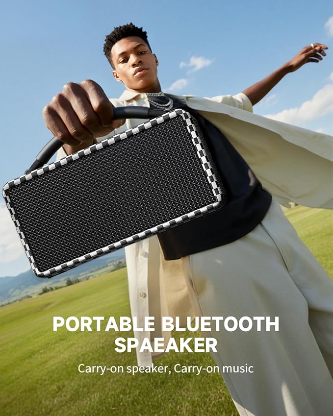 DINDIN Portable Bluetooth Speaker: 80W (Peak), 20H Playtime, Loud Wireless Wood Speakers with Bass, AUX and USB Input, Subwoofer, TWS Pairing, Vintage Speaker for Outdoor, Home, Office (White+Black)