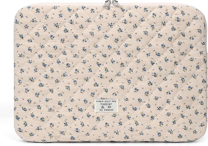 Puffy Laptop Sleeve Case Cute Computer Bag Flower Printed Quilted Laptop Carrying Cases Floral Pattern Protective Cover
