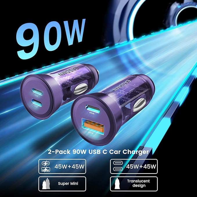 2-Pack 90W USB C Super Fast Car Charger, Dual-Port [PD/PPS 45W & QC 45W] Car Cigarette Lighter USB Charger Adaper for Samsung Galaxy S25 Ultra/S25+/S24 Ultra/S23+/S22,Note 20,Tab S9, iPhone 15(Violet)