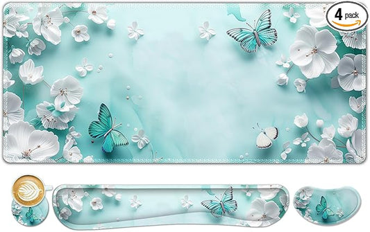 ToLuLu Large Mouse Pad Desk Pad Set, Wrist Rest Support Desk Mat for Keyboard and Mouse, 4PCS 35.4”x15.7 XXL Giant Mouse Pad, Non-Slip Base Stitched Edges Mousepad for Home Office, Teal Butterfly