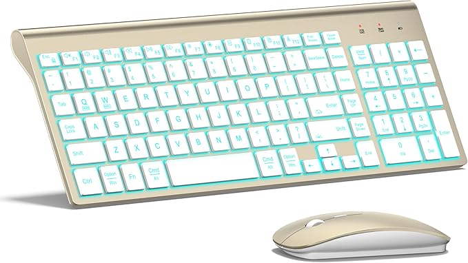 TopMate Wireless Keyboard and Mouse Ultra Slim Combo, 2.4G Silent Compact USB 2400DPI Mouse and Scissor Switch Backlit Keyboard Set, for PC/Laptop/Windows/Mac/Gaming - Gold White