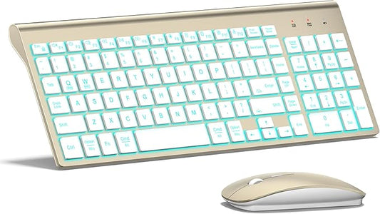 TopMate Wireless Keyboard and Mouse Ultra Slim Combo, 2.4G Silent Compact USB 2400DPI Mouse and Scissor Switch Backlit Keyboard Set, for PC/Laptop/Windows/Mac/Gaming - Gold White
