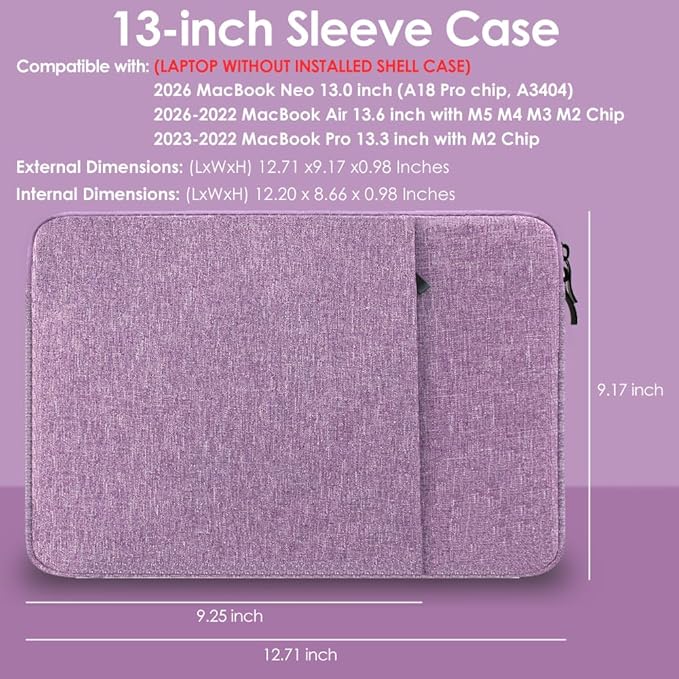 ProElife 13-Inch Laptop Sleeve Case for 2023 2022 MacBook Air 13.6 inch with Apple M2 Chip & MacBook Pro 13.3 inch with Apple M2 Chip Accessory Traveling Carrying Canvas Bag Cover Simple Case (Purple)