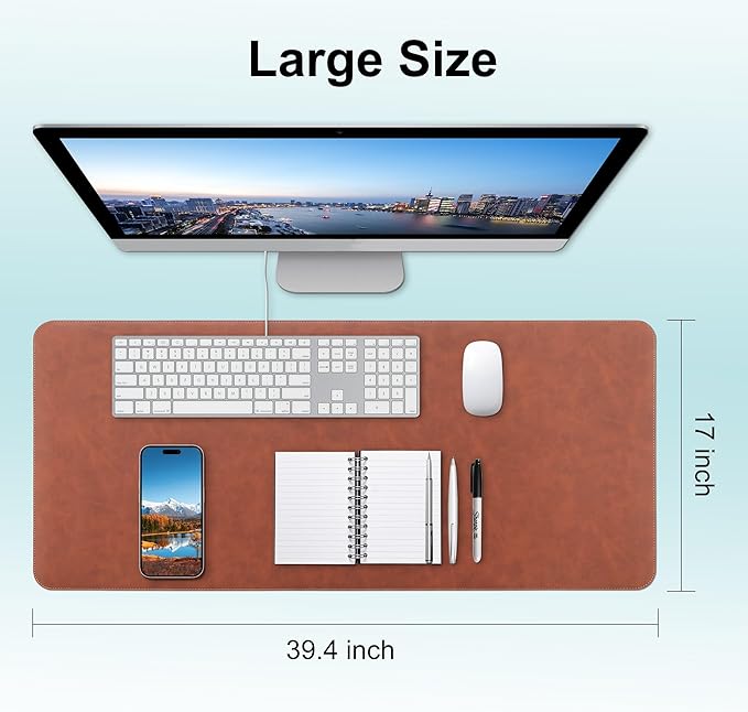 Leather Desk Pad Protector, Office Desk Mat, Large Laptop Mouse Pad, PU Non-Slip Desk Blotter, Waterproof Writing Pad, Computer Keyboard Mat for Desktop 39.4 x 17 inch (Brown)