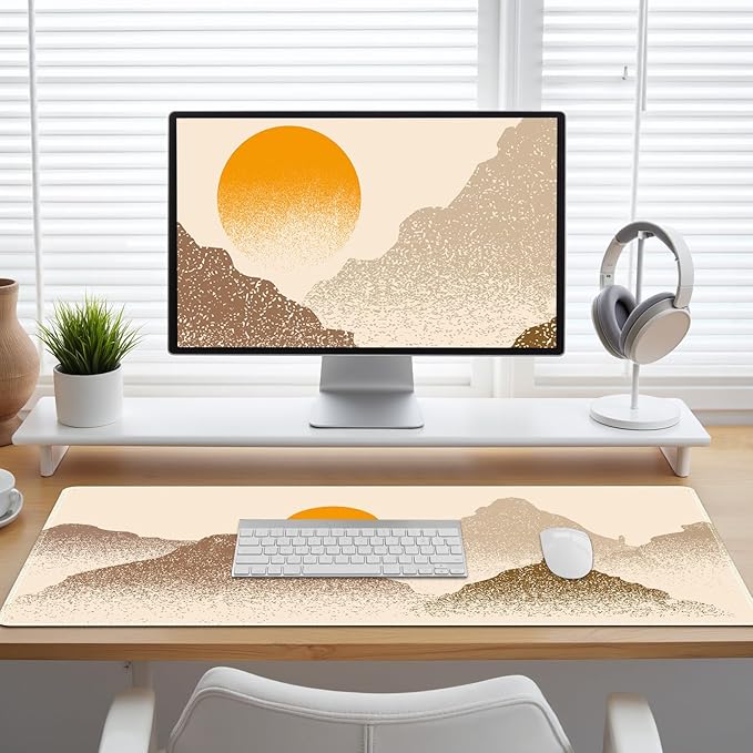 Beige Desk Matt for Desktop, Mouse Pad Mat, Desk Mat for Keyboard and Mouse, XXL Large Mouse Pad for Desk, Anti-Slip Big Mousepad with Stitched Edges, Mouse Mat for Computer Laptop Women, Mountain Sun