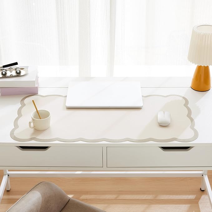 Scalloped Desk Mat, 31.5" x 15.7" Large Cute Beige Khaki Aesthetic Desk Accessories, PU Leather Computer Laptop Desk Mat Mouse Keyboard Pad, Desk Writing Makeup Mat for Vanity/Work/Home Decor