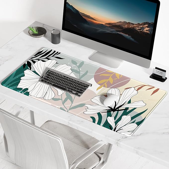 BOSOBO Large Mouse Pad, Desk Pad, XXL XL Extended Gaming Mouse Pad, Desk Mat for Office & Home, Long Keyboard Mat, Huge Mouse Pad, Desktop Full Cover 31.5 x 11.8 Inches, Modern Style Blue Flowers