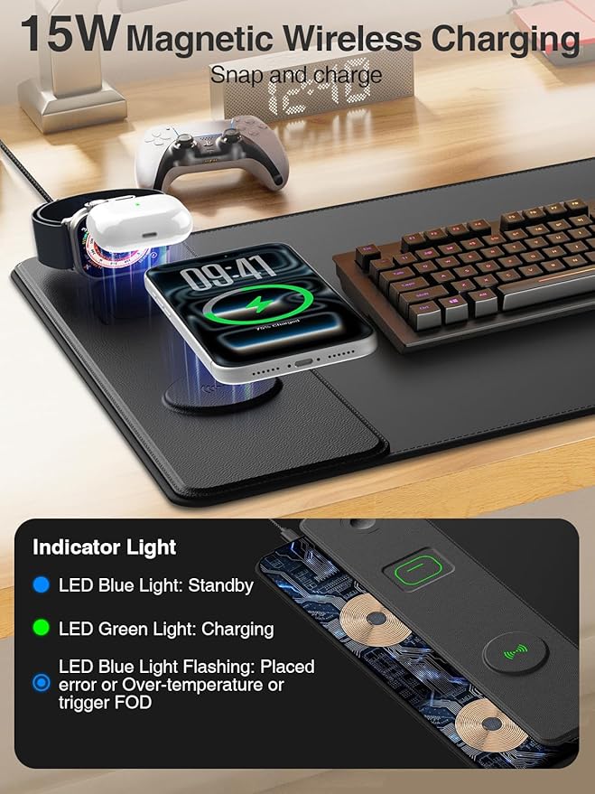 4-in-1 Mouse Pad with Magnetic Wireless Charging, 31.5"x15.8" Large Desk Mat for Laptop/Keyboard, Waterproof Smooth Surface, Non-Slip Base, with Adapter