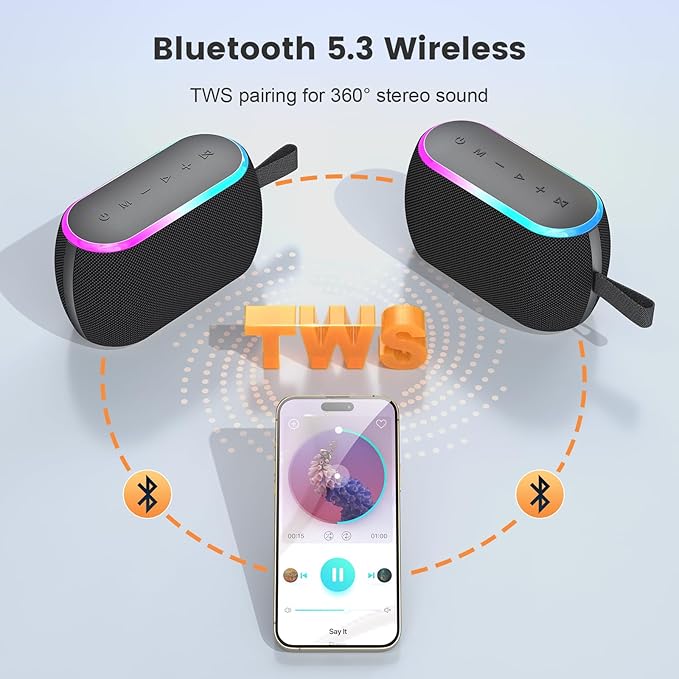 Bluetooth Speaker, 40W Portable Wireless with Stereo Bass, Bluetooth 5.3, IPX6 Waterproof Shower Speakers, LED Lights, TWS Pairing, 12H Playtime for Outdoor Beach Party, Ideal Music Gift