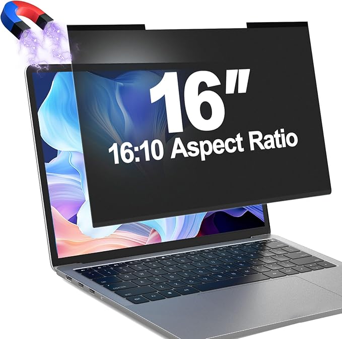 Magnetic Laptop Privacy Screen Filter 16 Inch for 16:10 Computer Monitor, Removable Anti Blue Light Privacy Shield, Anti-Glare Protector Compatible with Dell Hp Asus Lenovo