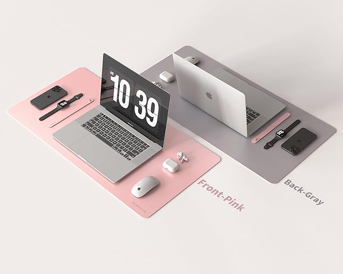 RENMTURE Double-Sided Two-Tone Faux Leather Desk mat Desktop Organization and Accessories Home and Office Large Mouse pad Game and Work (Pink/Gray, 32"x16")