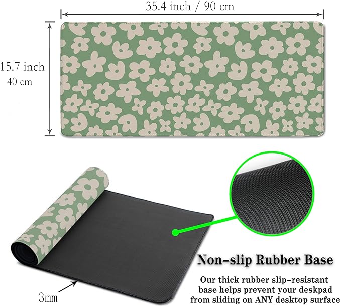 Large Gaming Mouse Pad - Green Keyboard Mouse Pads with Non-Slip Rubber Base, 35.4" X 15.7" for Game Office, Groovy Flowers