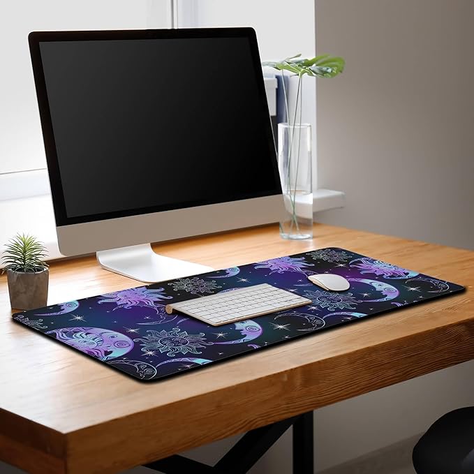 Gaming Mouse Pad Purple Desktop Mat Extra Large Mouse Pads Computer Desk Mat Pc Gaming Mat Waterproof Non-Slip Rubber Base 35.4" X 15.7" for Game Office, Magical Sun and Moon Stars