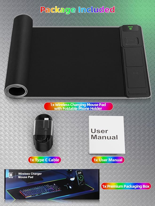 Mouse Pad with Adjustable Phone Stand Dual Wireless Charger, 15W Fast Charging Desk Mat, Extra Large 31.5x15.75 Waterproof Desk Pad for iPhone Samsung Air-Pods, Gaming Mousepad w/ 11&4 RGB