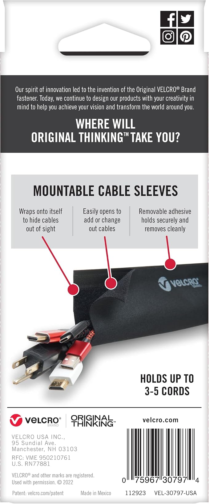 VELCRO Brand VEL-30797-USA Mountable Cable Sleeve | Cord Management Mounts on Walls, Desk or Entertainment Center | Removable Adhesive is Damage Free | 12in Black, 2pk, 12in-2Pk - Image 12