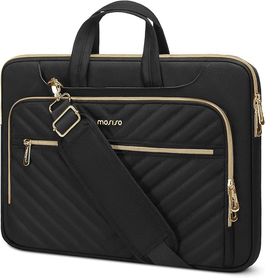 MOSISO 360 Protective Laptop Shoulder Bag,15-15.6 inch Computer Bag Compatible with MacBook Pro 16, HP, Dell, Asus Notebook,Messenger Briefcase with Front Quilted Raised Horizontal Pockets, Black