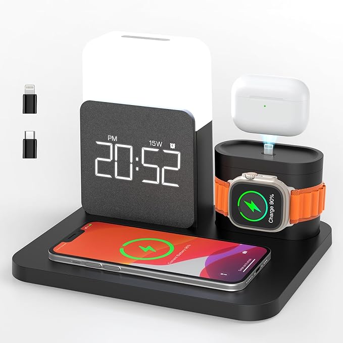7 in 1 Charging Station for iPhone, Wireless Charging Station, Alarm Clock, Night Light, Wireless Charger for iPhone 17 16 15 14 13 12 Pro Max & Apple Watch - Charging Stand Dock for AirPods(Black)