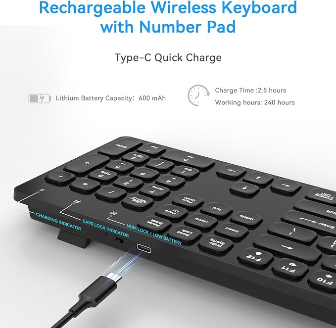 Rechargeable Wireless Keyboard for Mac and Windows, Ultra Slim 2.4GHz Full-Size Keyboard with Low-Profile Quiet Keys, Compatible with PC, Laptop, Windows 11/10/8/7