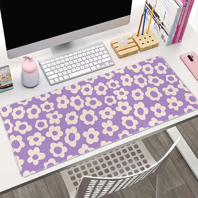 Vintage Groovy Purple Flowers Desk Mat, Extended Big Mouse Mat for Home and Office, Large Gaming Mousepad Laptop Keyboard Mat with Non-Slip Rubber Base, Stitched Edges (31.50"x11.8"x0.12")