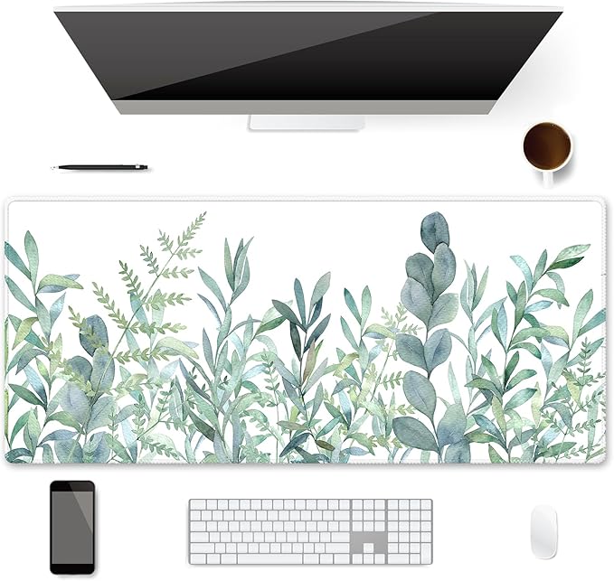 XXL Waterproof Office Desk Pad Protector 35.4x15.7 Inch - Extended Gaming Mouse Pad with Non-Slip Rubber Base, Thickened Keyboard Mat, Stitched Edges & Green Plants Design