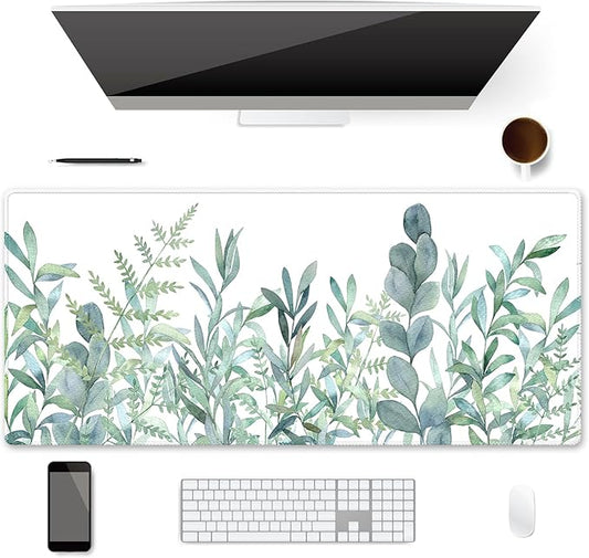 XXL Waterproof Office Desk Pad Protector 35.4x15.7 Inch - Extended Gaming Mouse Pad with Non-Slip Rubber Base, Thickened Keyboard Mat, Stitched Edges & Green Plants Design