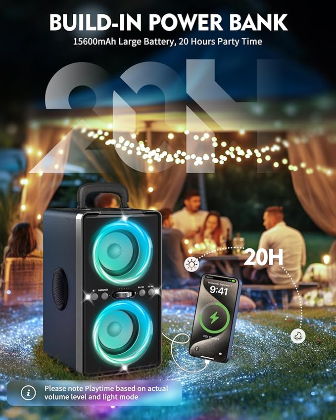 Bluetooth Speaker, 240W Peak Loud Party Speaker with Big Bass, 20H Playtime, TWS, BT5.3, Large Portable Wireless Boom Box with LED Light for Outdoor Backyard Beach Home (Leather Blue)