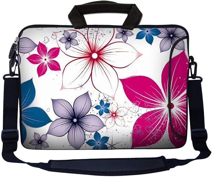 LSS 17 17.3 inch Laptop Sleeve Bag Compatible with Acer, Asus, Dell, HP, Sony, MacBook and More | Carrying Case Pouch w/Handle & Adjustable Shoulder Strap,White Pink Blue Flower Leaves