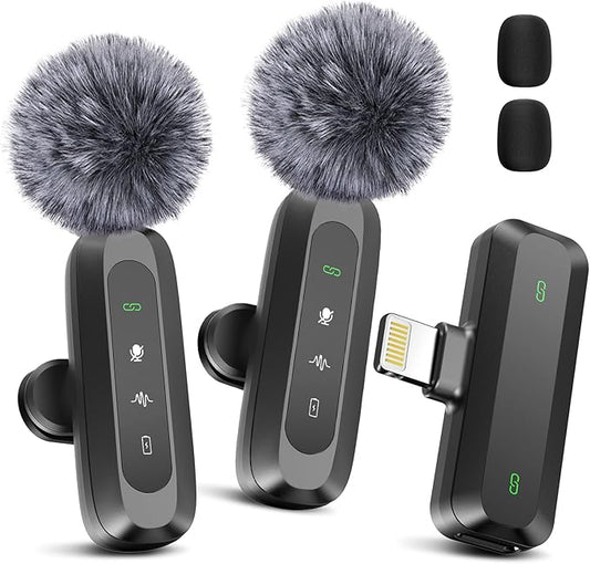 2 Pack Wireless Lavalier Microphone for iPhone 15, USB C Android Phone, Laptop, Tablet, PC, Type-C Mini Lapel Mic with Noise Reduction for Vlog Video Recording Content Creator (Lightning)